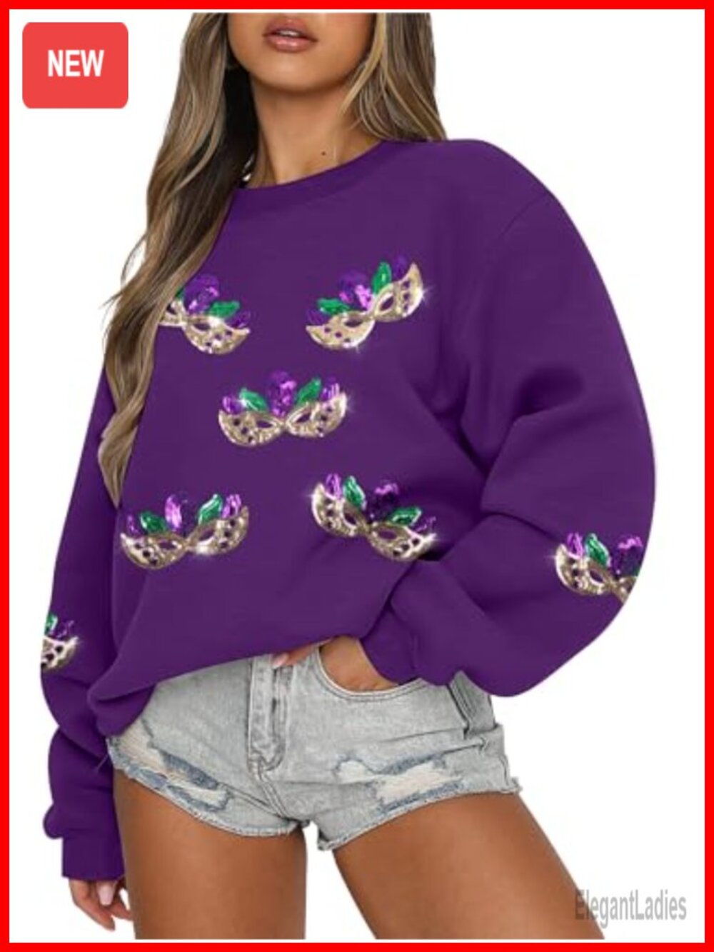 Womens Mardi Gras Sequin Sweatshirt Purple Crewneck